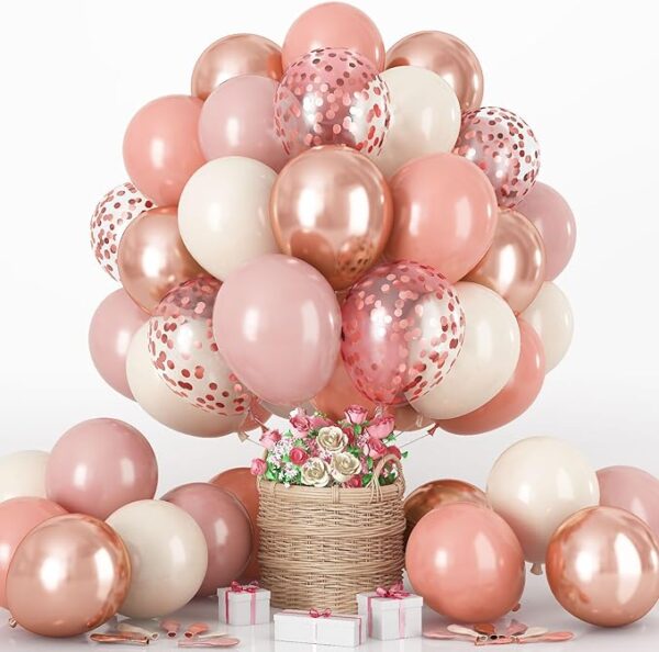 Dusty Pink Balloon Set, 60Pcs 12 Inch Retro Blush Pink White Sand Nude Latex Balloon with Metallic Confetti