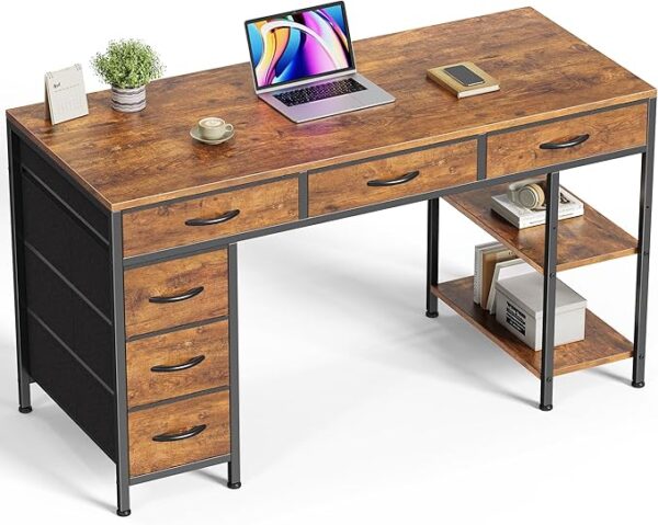 Computer Desk with 6 Drawers, 47 Inch Office Desk with Shelves