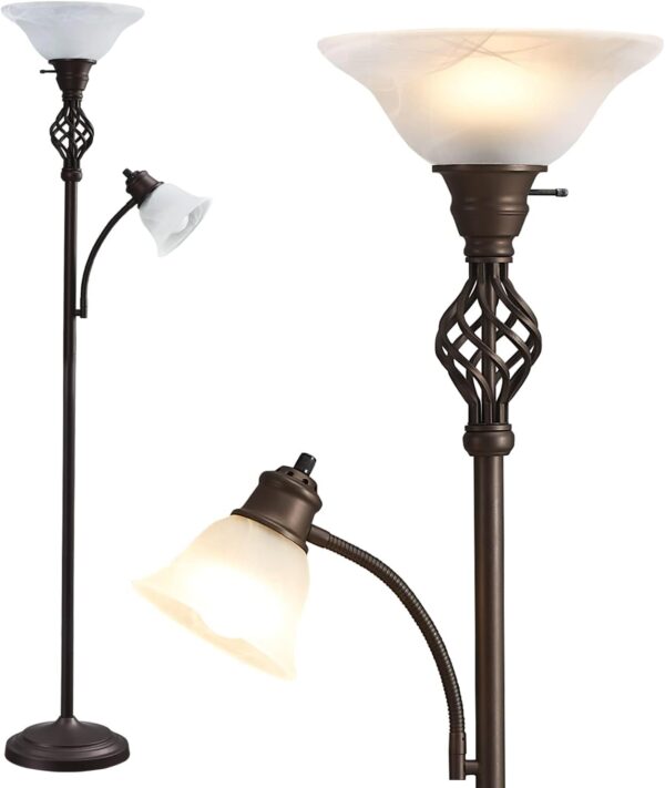 Floor Lamp for Living Room, LED Standing Reading Light for Bedroom with Glass Shade for Living Room Corner Bedroom Home Office,Bulbs Included (Red Brown,Glass 2 Head)
