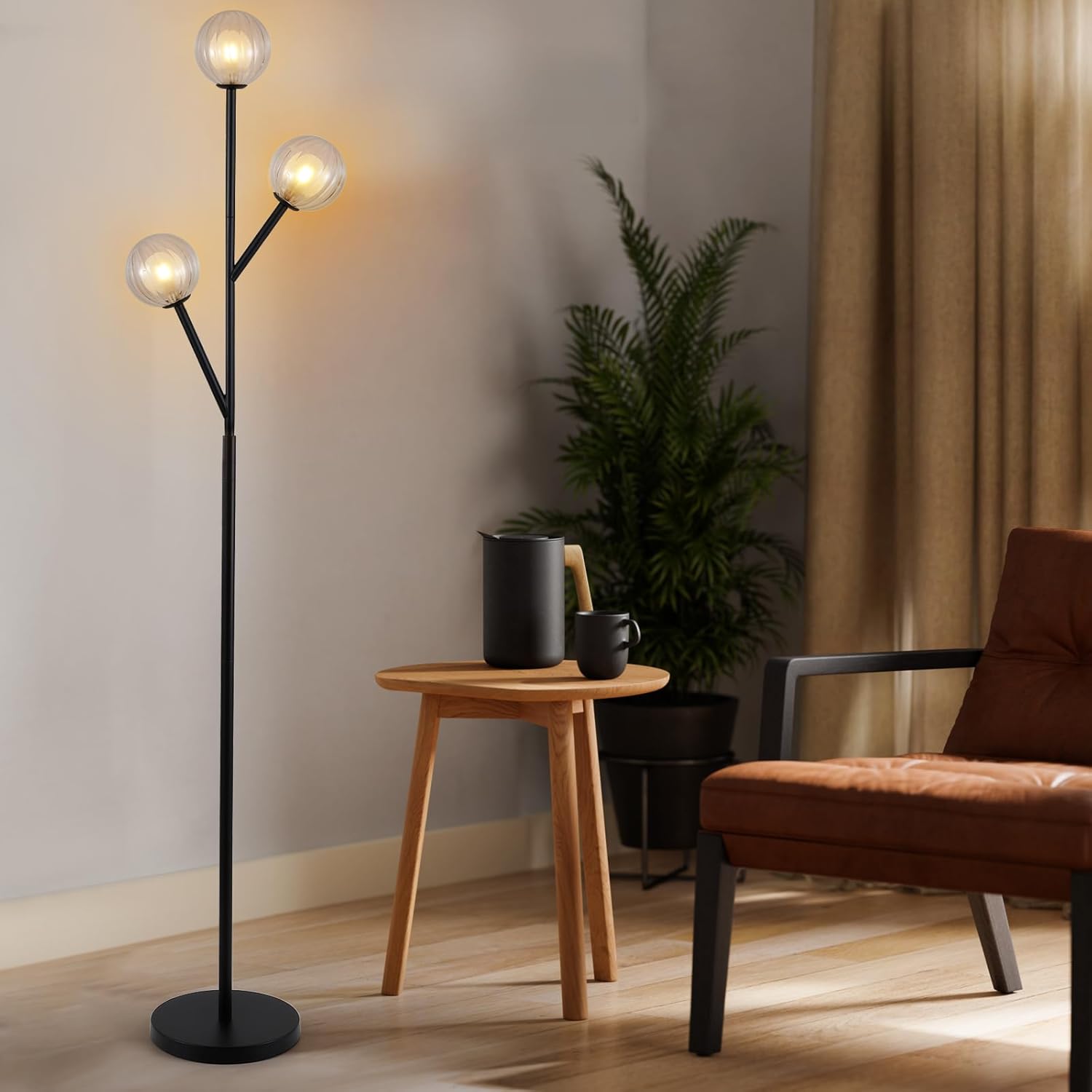 Modern Globe Floor Lamp, 67'' Tall Black Floor Lamp with 2-Layer Glass Shade, 3-Light Mid Century Standing Lamp for Living Room, Bedroom, Office, G9 Base, Bulbs Not Included - Image 2