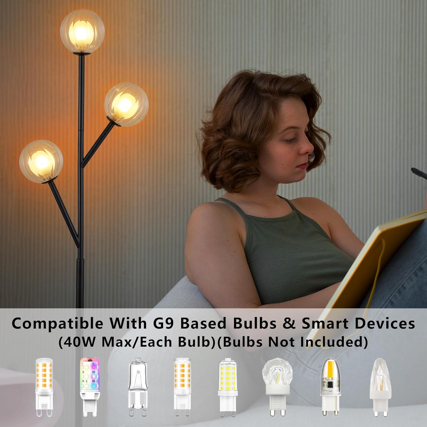 Modern Globe Floor Lamp, 67'' Tall Black Floor Lamp with 2-Layer Glass Shade, 3-Light Mid Century Standing Lamp for Living Room, Bedroom, Office, G9 Base, Bulbs Not Included - Image 4