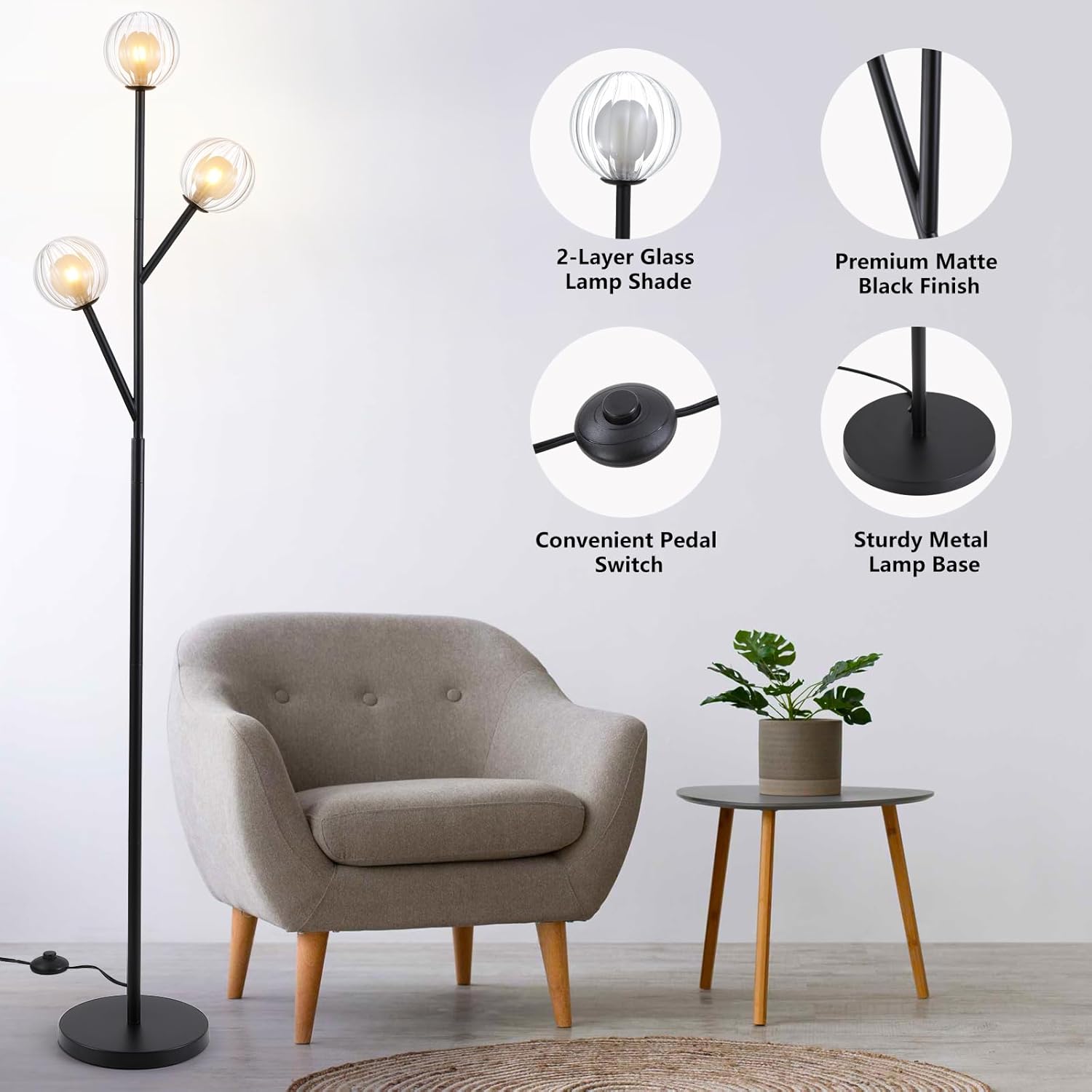 Modern Globe Floor Lamp, 67'' Tall Black Floor Lamp with 2-Layer Glass Shade, 3-Light Mid Century Standing Lamp for Living Room, Bedroom, Office, G9 Base, Bulbs Not Included - Image 3