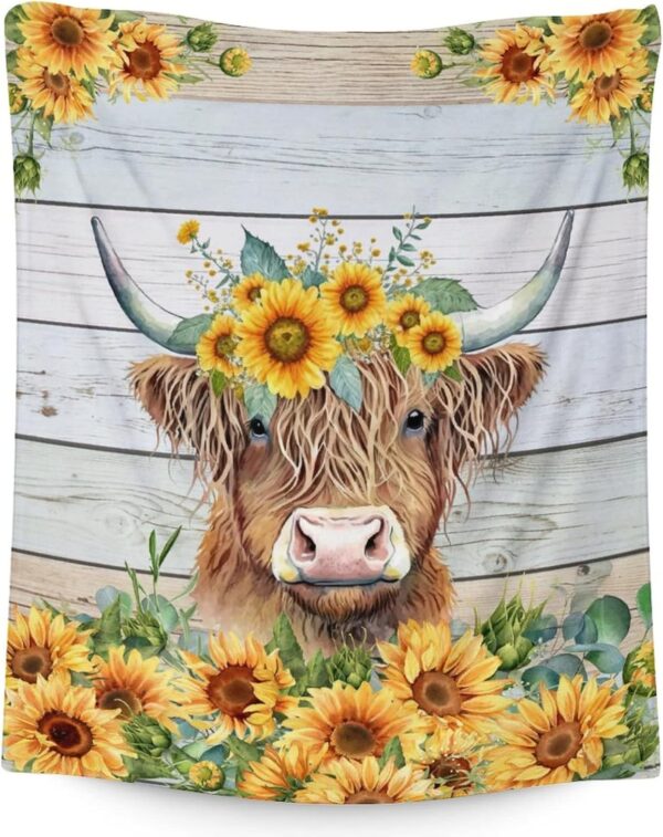 Blanket for Girls Women - 60x50 Inches Aesthetic Highland Cow Throw Blanket for Kids Teens Adults - Yellow Soft Fuzzy Sunflower Blankets Decor for Bed Couch Sofa