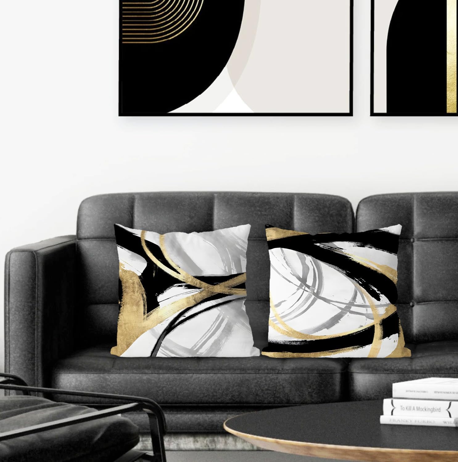 Black White and Gold Pillow Covers, Abstract Black and Gold Pillow Covers 18x18 Set of 2 - Image 2