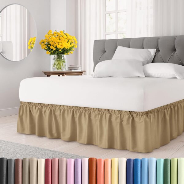 Wrap Around Dust Ruffle Bed Skirt – Beige - Bed Skirt for Full Size Beds with 12 in. Drop – Easy Fit Elastic Strap - Pleated Bedskirt with Brushed Fabric - Wrinkle Free, Machine Wash