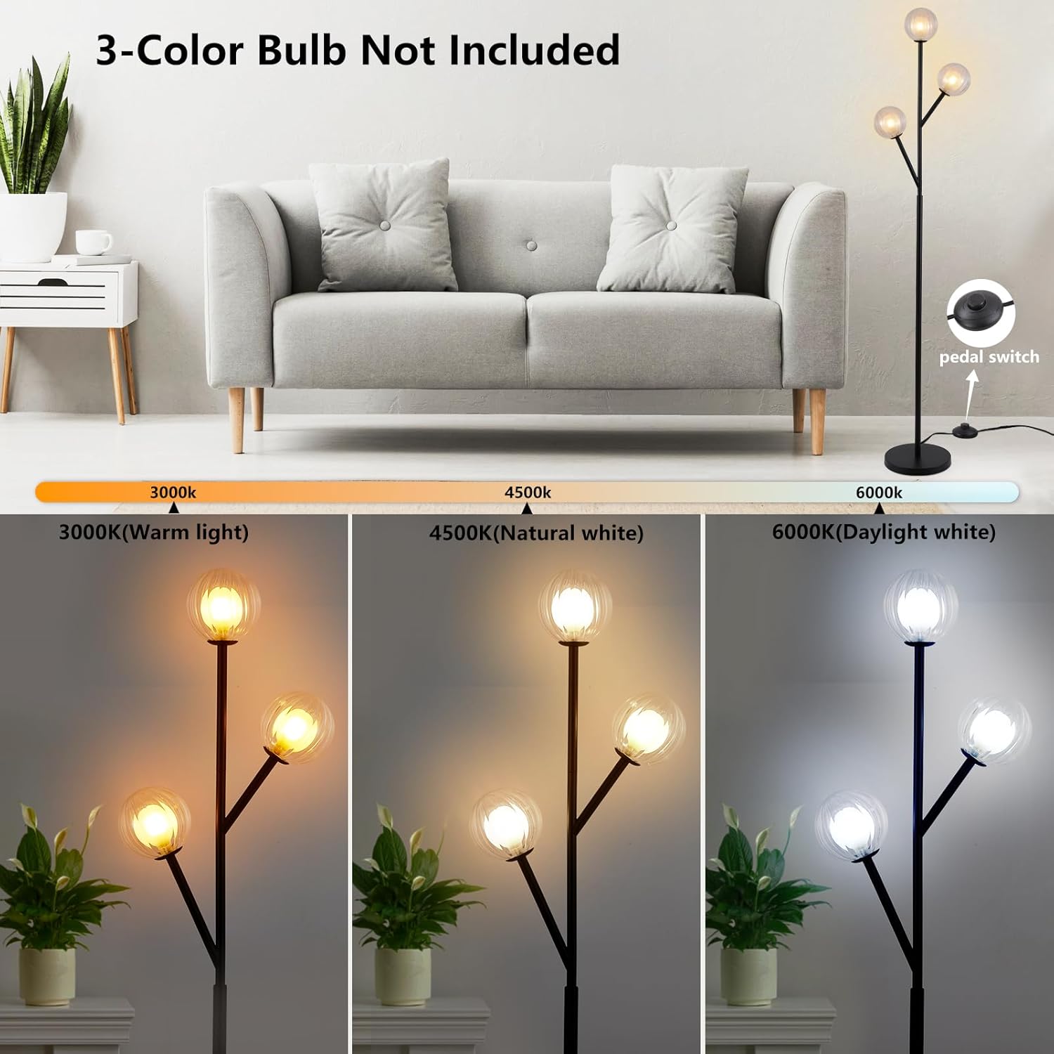 Modern Globe Floor Lamp, 67'' Tall Black Floor Lamp with 2-Layer Glass Shade, 3-Light Mid Century Standing Lamp for Living Room, Bedroom, Office, G9 Base, Bulbs Not Included - Image 5