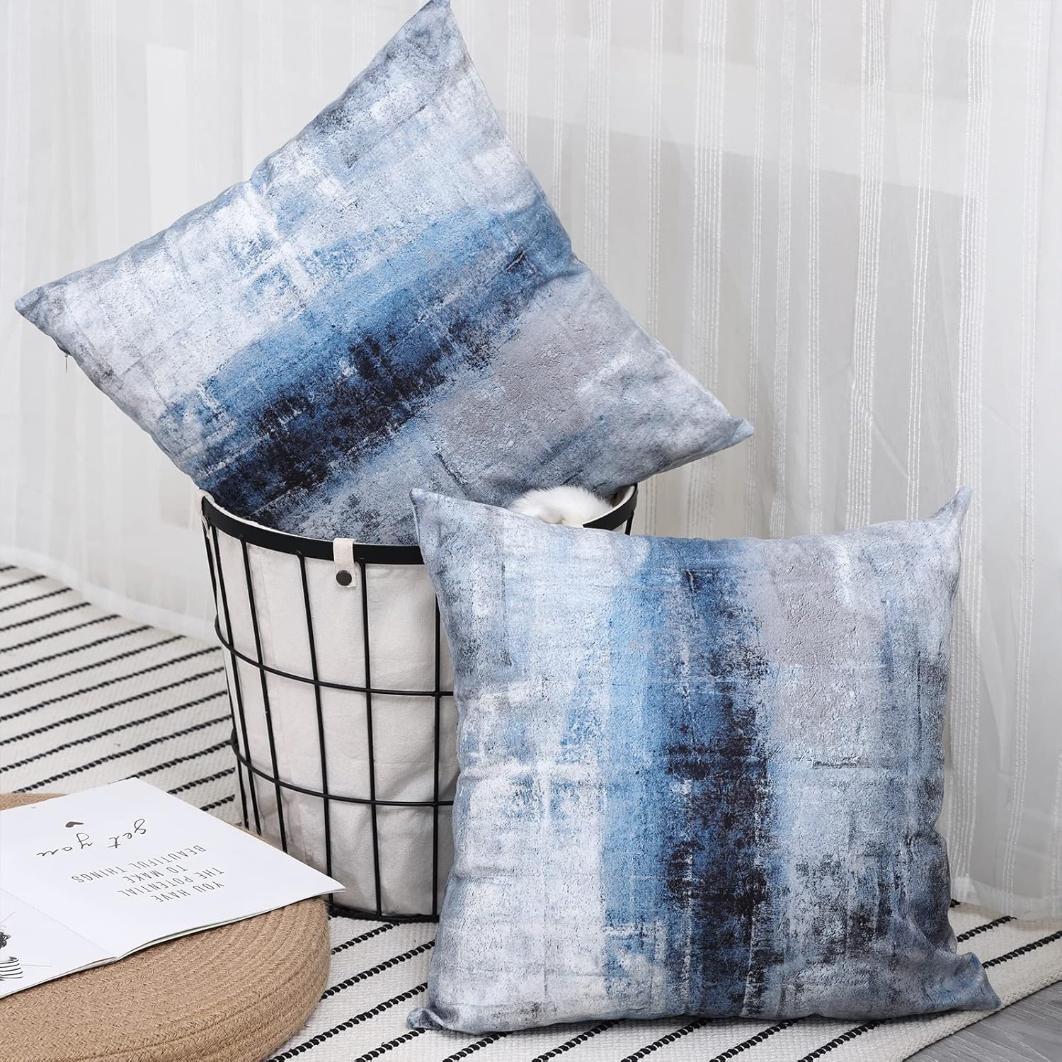 Blue and Grey Abstract Art Artwork Pillow Cover, Gallery Modern Decorative Throw Pillows Cushion Cover for Bedroom Sofa Living Room 18 x 18 Inch Set of 2 - Image 5