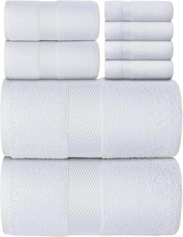 Luxury White Bath Towel Set of 8 Pieces - 100% Turkish Cotton Highly Absorbent Towels for Bathroom