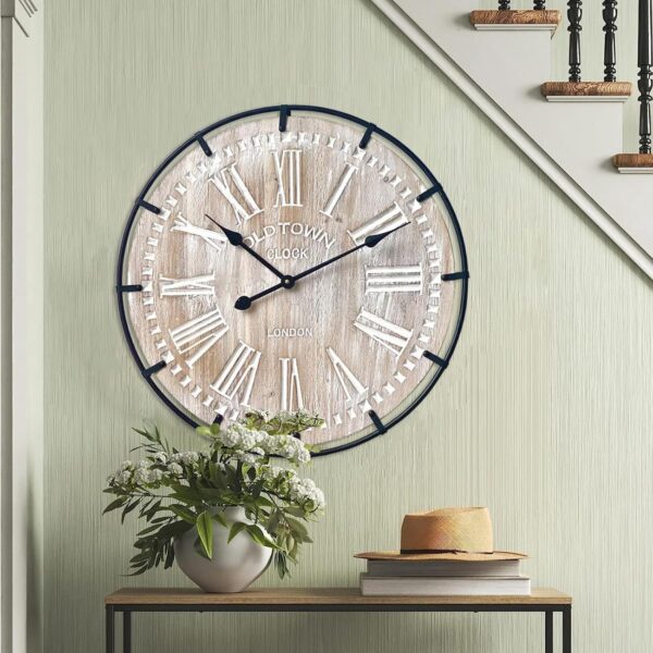 24 Inch Large Farmhouse Wall Clock, Rustic Antique Wood with Metal Circle and Large Engraved Numerals