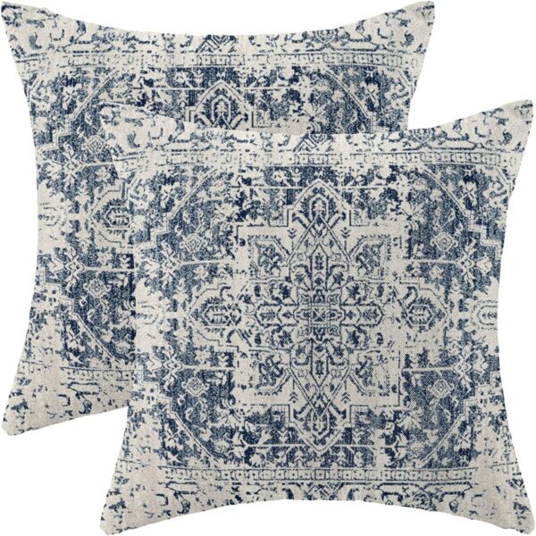 Boho Pillow Covers 18x18 Set of 2, Ethnic Design Decorative Throw Pillows Linen Blue Carpet Pattern Farmhouse Cushion Pillow Covers for Sofa Couch Outdoor