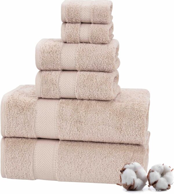 100% Turkish Cotton 6 Pcs Bath Towel Set, Luxury Bath Towels for Bathroom, Soft & Absorbent Bathroom Towels Set (2 Bath Towels, 2 Hand Towels, 2 Washcloths)- Beige