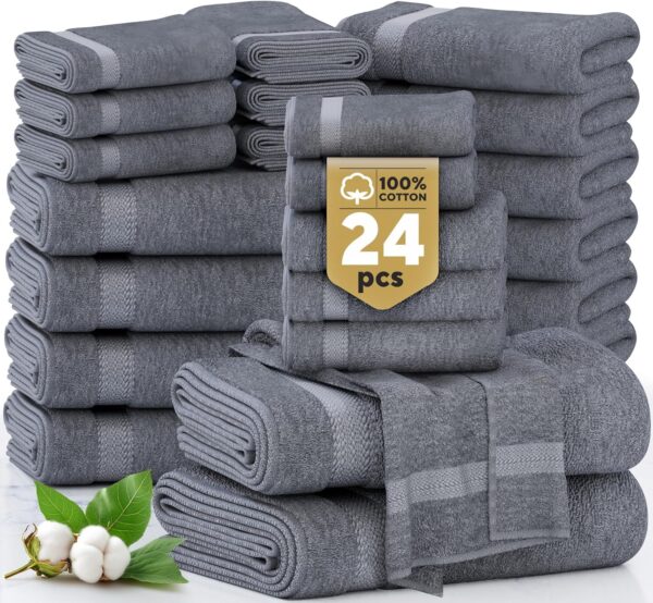 24 Piece Bath Towels Set - 100% Cotton Bathroom Towels, Absorbent Towels for Bathroom, 4 Large Bath Towels, 2 Bath Sheets