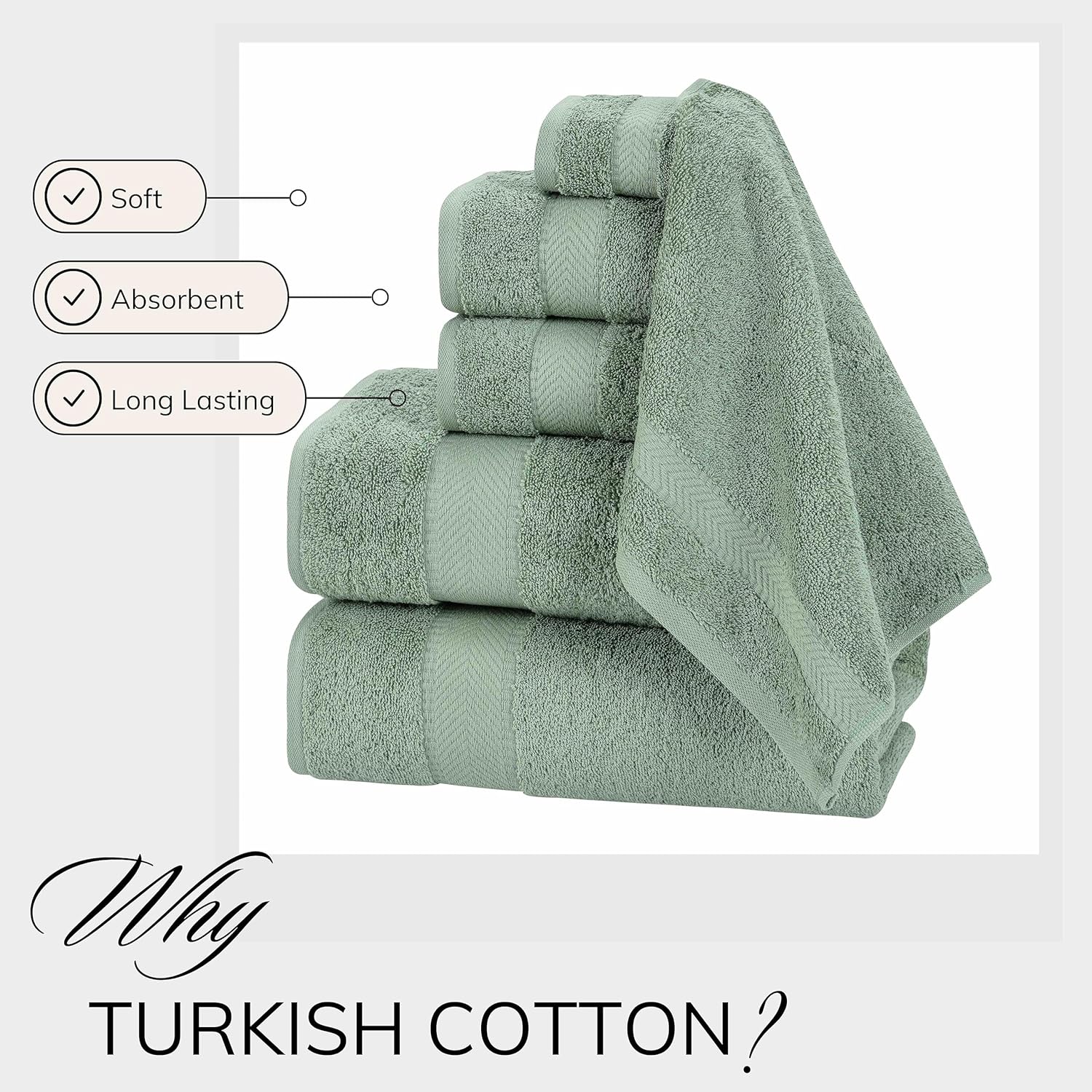 100% Turkish Cotton 6 Pcs Luxury Bath Towels , Soft & Absorbent Bathroom Towels Set (2 Bath Towels, 2 Hand Towels, 2 Washcloths)- Green - Image 2