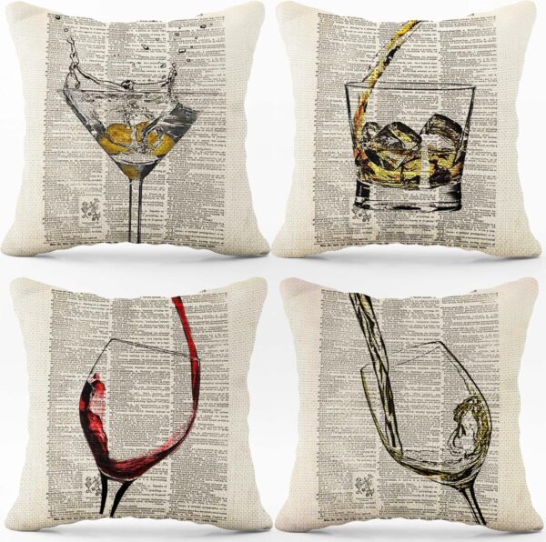 Wine and Cups Art Vintage Linen Throw Pillow Case, 18 x 18 Inch Set of 4, Home Bar Area Decor, Wine Glass Lover Gifts