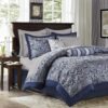 Park Aubrey Cozy Comforter Set, Faux Silk Jacquard Paisley Design - All Season Down Alternative Bedding with Cotton Bed Sheets, Bed Skirt & Toss Pillows, King Navy 12 Piece - Image 3