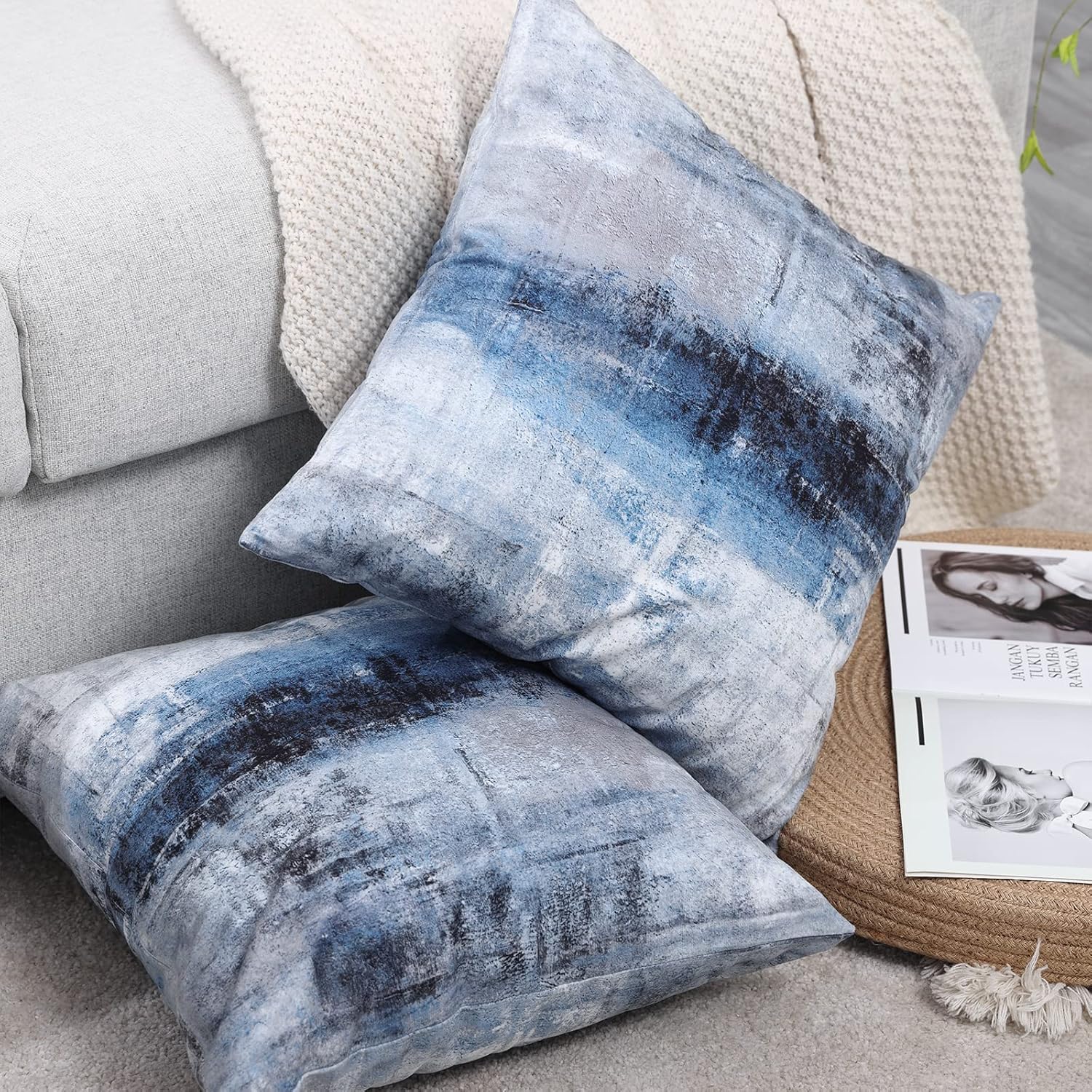 Blue and Grey Abstract Art Artwork Pillow Cover, Gallery Modern Decorative Throw Pillows Cushion Cover for Bedroom Sofa Living Room 18 x 18 Inch Set of 2 - Image 4