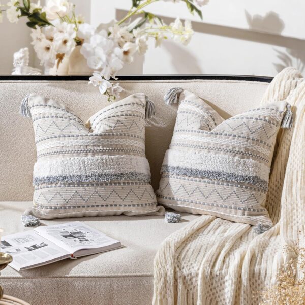 Gray Decorative Throw Pillow Cover 20x20 Combo Set of 2 Square Boho Neutral Grey Accent Pillowcase Tassels Farmhouse Cushion for Couch Sofa Bedroom Living Room Home Décor Cover ONLY