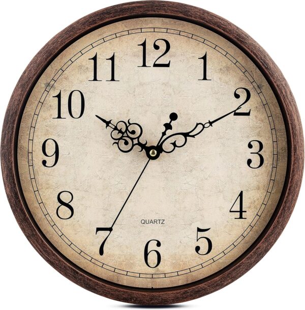 Vintage Brown Wall Clock Silent Non Ticking 12 Inch Quality Quartz Battery Operated