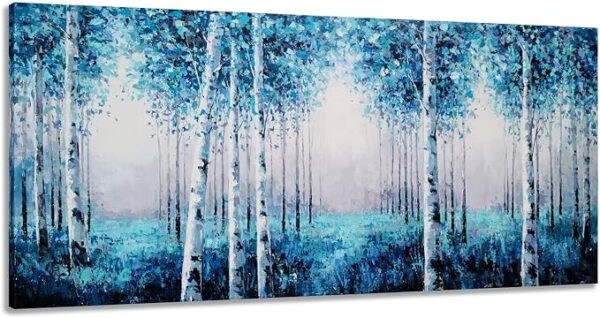 Arts Blue Forest Canvas Wall Art - Birch Tree Painting with Textured - Modern Abstract Landscape Pictures for Living Room Bedroom Office Decor