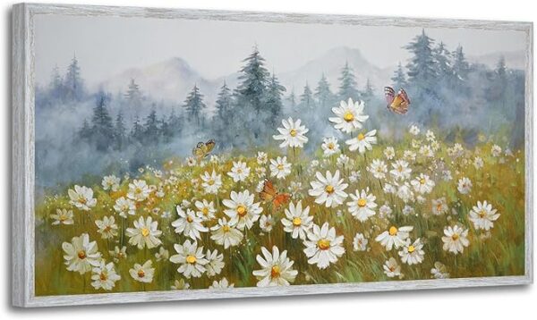 Flower Wall Art Canvas Landscape Daisy Painting Mountain Picture White Daisy Textured Floral Artwork for Living Room Bedroom Bathroom Office Home Wall Decor, Large Wood Grain Framed 40"x20"