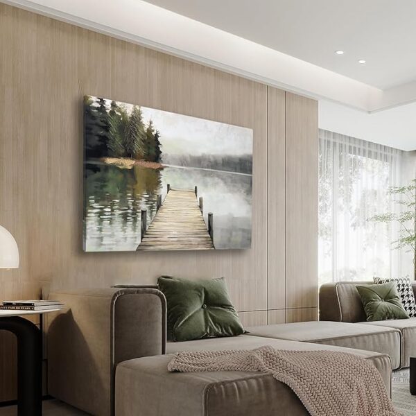 Nature Landscape Large Wall Art Canvas Picture，Horizontal Dock Forest Artwork Decor，Modern Hand Painted Textured Lake Scenery Artwork Painting Decor, Wall Pictures for Bedroom Living Room 40x 28 Inch