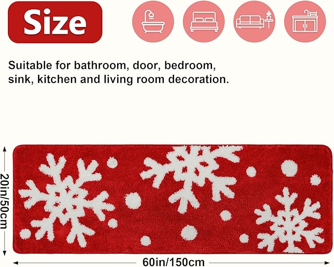 Merry Christmas Doormat Snowflake Rugs Red Christmas Mats for Front Door or Indoor Decorations 20"x60" - Image 2