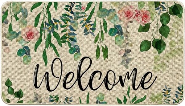 Welcome Doormat Spring Summer Eucalyptus Leaves Floral Doormat Outdoor Indoor Entrance Mat Non-Slip Durable Absorbent Easy Clean Entryway Rug 17x29.5 Inch