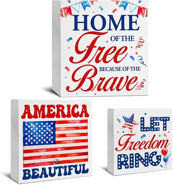 3 Pcs Patriotic Wood Signs Decor Patriotic Wood Block Signs Independence Day Wooden Box Signs Decorations for Home Tiered Tray Desk Table Shelf