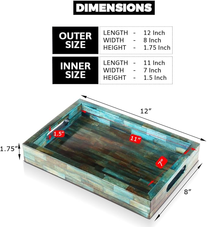 Handicrafts Home Handmade Verdigris Covered Inspired Decorative Tray - 12x8 Ottoman Tray, Multipurpose Bone Inlay Serving Tray for Living Room Dining Entertaining and Display - Image 3