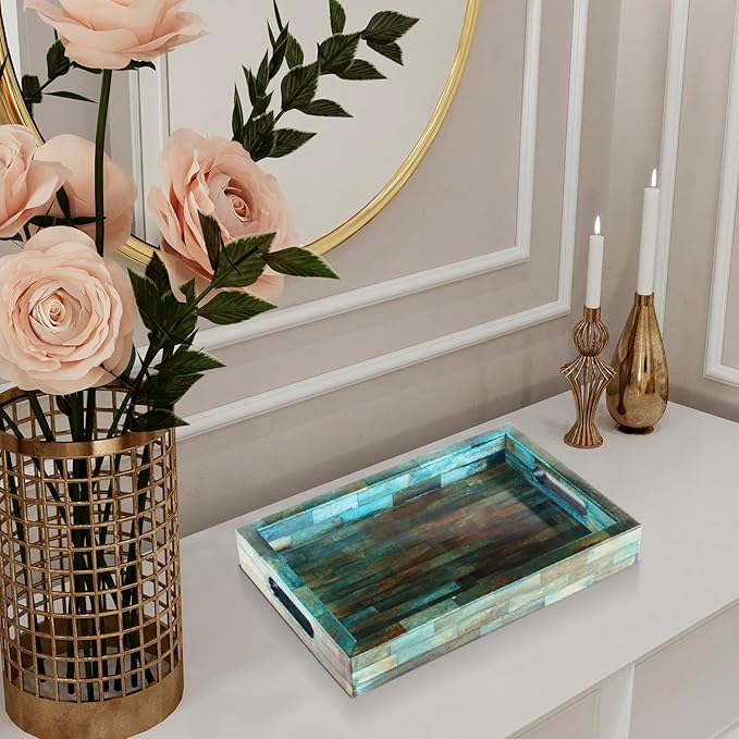 Handicrafts Home Handmade Verdigris Covered Inspired Decorative Tray - 12x8 Ottoman Tray, Multipurpose Bone Inlay Serving Tray for Living Room Dining Entertaining and Display - Image 4