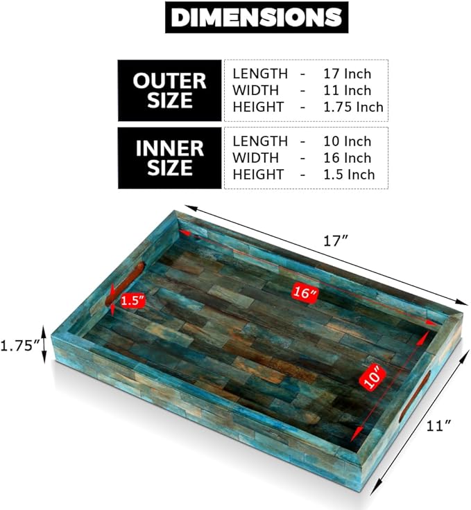 Handicrafts Home Handmade Verdigris Covered Inspired Decorative Tray - 11x17 Ottoman Tray, Multipurpose Bone Inlay Serving Tray for Living Room Dining Entertaining and Display - Image 2