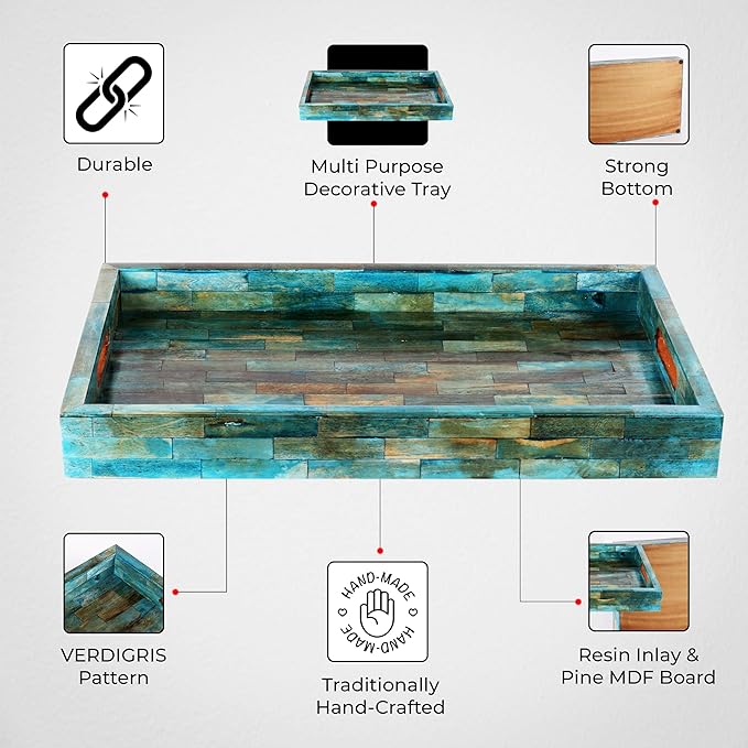 Handicrafts Home Handmade Verdigris Covered Inspired Decorative Tray - 11x17 Ottoman Tray, Multipurpose Bone Inlay Serving Tray for Living Room Dining Entertaining and Display - Image 3