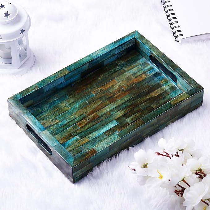 Handicrafts Home Handmade Verdigris Covered Inspired Decorative Tray - 11x17 Ottoman Tray, Multipurpose Bone Inlay Serving Tray for Living Room Dining Entertaining and Display - Image 4