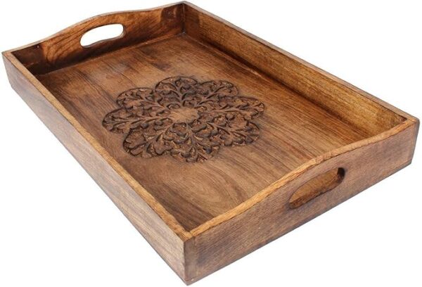 Decorative Wooden Tray Platter for Serving Snacks Fruits Tea Hand Carving Floral Design Home Kitchen Gifts