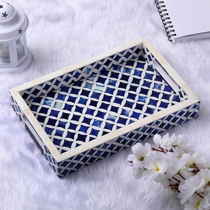 Handicrafts Home 12" x 8" Blue Decorative Tray Breakfast Coffee Table Top Vintage Handmade Serving Tray - Image 4