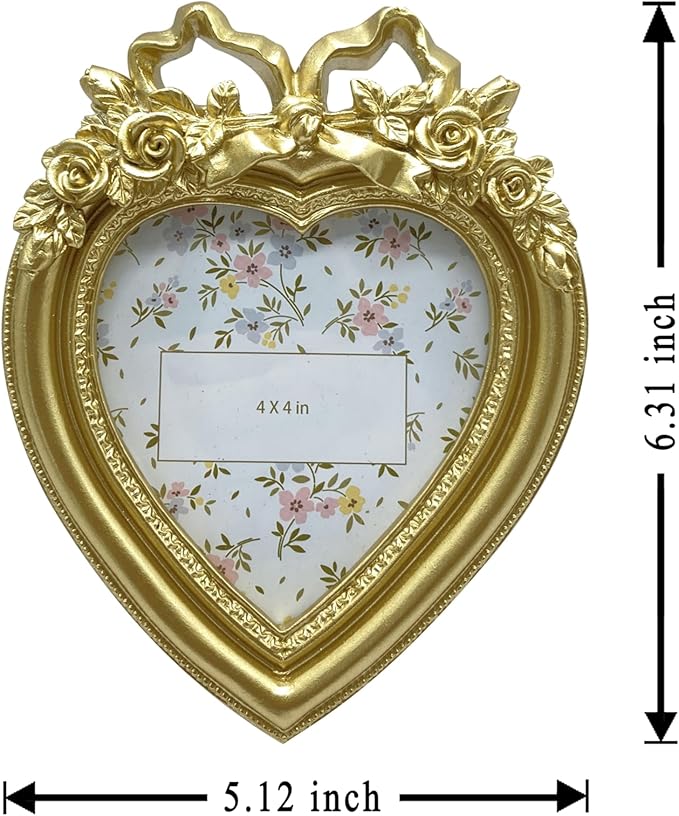 Cute Picture Frame with Heart Shape,Hand-Crafted Resin Vintage Ornate Style Picture Frames for Wall or Tabletop Display, Antique Gold 4x4 Inch Resin Photo Frame for Home Décor - Image 3
