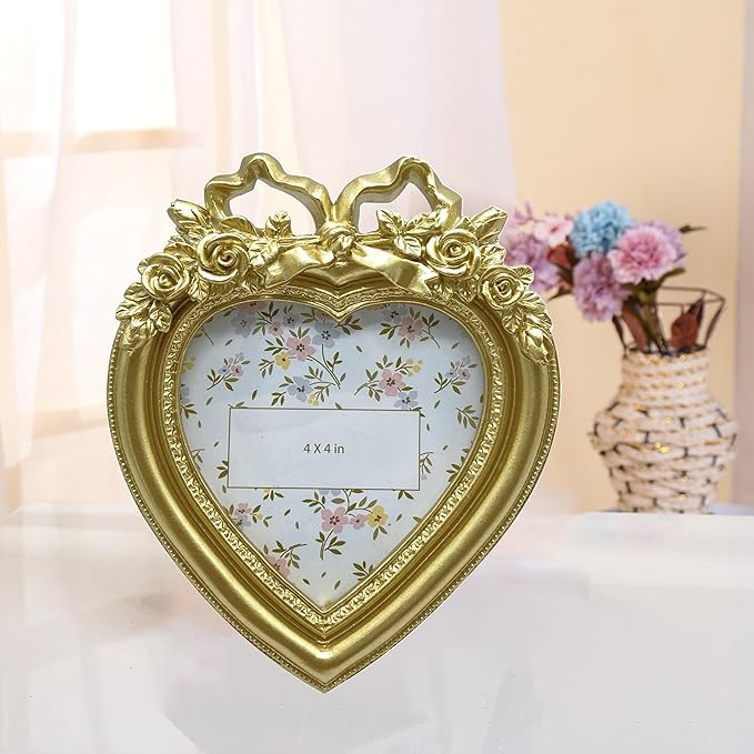 Cute Picture Frame with Heart Shape,Hand-Crafted Resin Vintage Ornate Style Picture Frames for Wall or Tabletop Display, Antique Gold 4x4 Inch Resin Photo Frame for Home Décor - Image 4