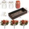 3 Pcs Fall Mason Jar Centerpiece Table Decorations for Dining Table Decor Farmhouse Coffee Table Decor with Wood Tray and Led Light Table Centerpieces for Dining Room Kitchen Living,Orange - Image 4