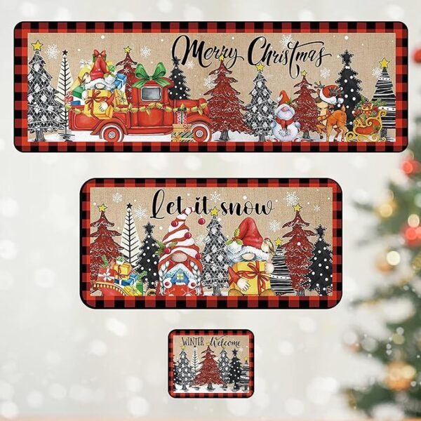 Christmas Rugs, Christmas Kitchen Mat Set of 3 Christmas Bathroom Rugs Merry Christmas and Happy New Year Christmas Decorations for Home Washable Kitchen Rugs