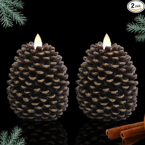 LED Flameless Pinecone Candles with 6H Timer, Battery Operated Waxy Pillar Candles, 2 Pack Christmas Candles Flickering Acorn Decor Woodsy Home Décor Christmas Gifts(Brown, 3.5 x 4.7 Inch)