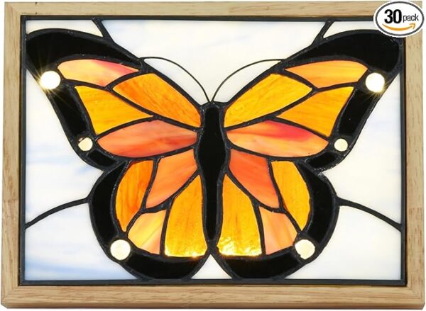 A0007 Tiffany Monarch Butterfly Stained Glass Photo Frame, Versatile LED Night Light, USB Powered, 3 Lighting Modes and 10 Brightness Dimming, Art Décor for Tabletop and Wall (Butterfly)