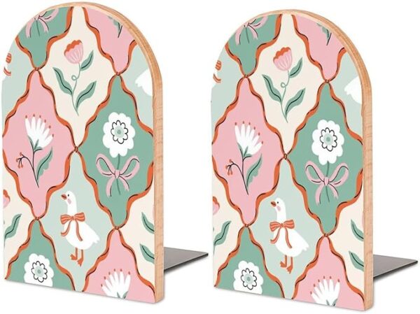 Flowers and White Geese Book Ends Decorative Bookends for Shelves 2 PCS Bookshelf Decor Floral Wood Book Stopper for Office Home Kitchen to Hold Books 6.7 X 4.7 Inch