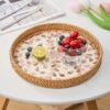 Round Rattan Tray for Home Decor 11.8 inch, Modern and Boho Decor Serving Tray with Mother of Pearl Inlay, Wicker Basket for Coffee Table, Hand Woven Decorative Tray Plates (Gold) - Image 2