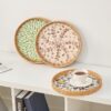 Round Rattan Tray for Home Decor 11.8 inch, Modern and Boho Decor Serving Tray with Mother of Pearl Inlay, Wicker Basket for Coffee Table, Hand Woven Decorative Tray Plates (Gold) - Image 3