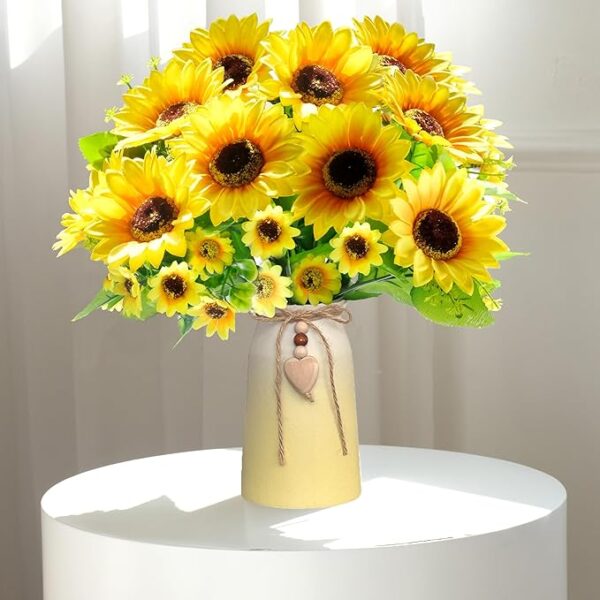 Artificial Sunflower Arrangement in Ceramic Vase – Fake Silk Sunflowers Table Centerpiece Decoration, Stylish Artificial Flowers with Vase for Home Table Dining Room