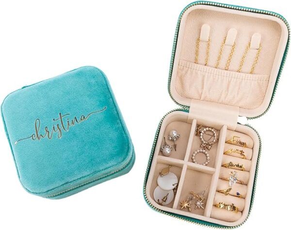 Angelina's Palace Personalized Italian Velvet Jewelry Case With Name Necklace Ring Storage Box Monogram Travel Jewelry Organizer Wedding Party Bridesmaid Gift for Her