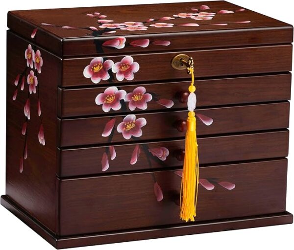 Vintage hand-drawn Jewelry Box Wood, 5-Layer Wooden Jewelry Organizer Boxes with 4 Drawers, Multi-functional Jewelry Storage Case for Wowen with lock Christmas Gifts