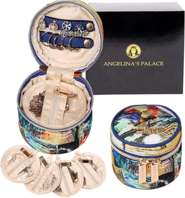 Palace Round Jewelry Organizer Case Travel Bag Bridesmaid Gifts Silk Satin Box for Necklace Earring Bracelet Ring(hastat)