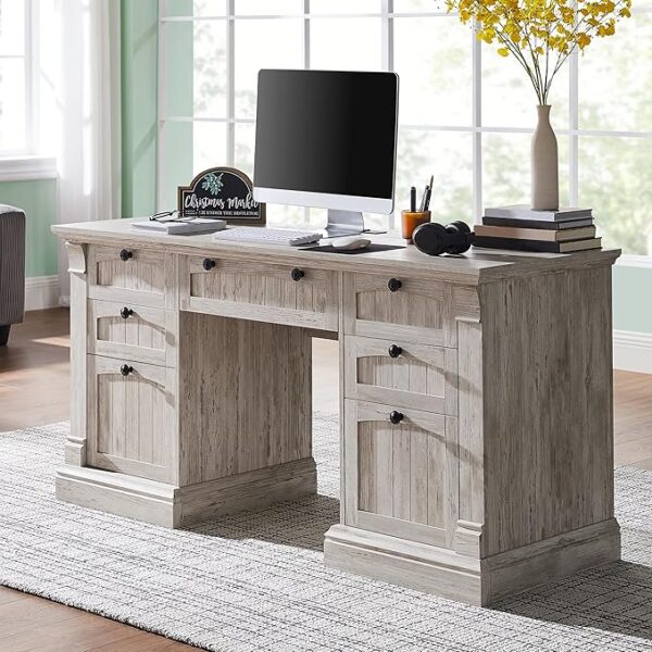 60" Executive Desk with Drawers, Farmhouse Home Office Desk with Charging Station, Keyboard Tray, File Cabinet Storage, Wood Computer Desk for Work and Study, Antique Brushed White