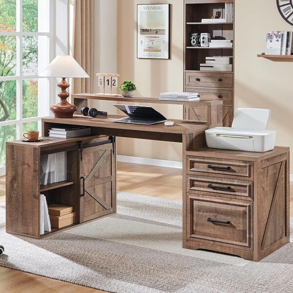 Computer Desk with Darwers & Storage Cabinet, Home Office Desk with File Drawer, Gaming Desk with Monitor Stand & Charging Station, Warm Brown